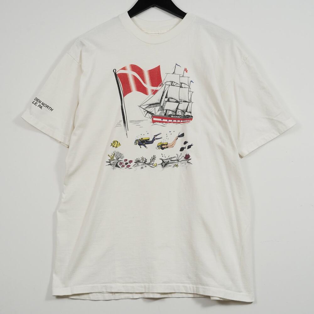 90s Sailing & Scuba Graphic Tee White Single-Stitch Cotton L/XL Vintage